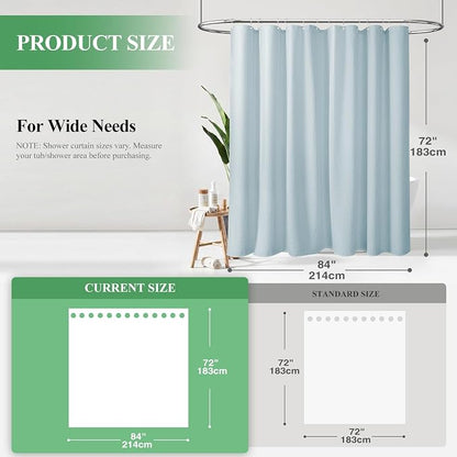 Extra Wide Waffle Shower Curtain 256 GSM Fabric 84x72 Fog Blue | 84 Inch Wide, Thick Cloth, Weighted Hem, Water Repellent, Hotel Luxury Polyester Shower Curtain Set for Bathroom 14 Hooks