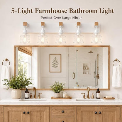 Farmhouse Vanity Light Fixture,5-Light Bathroom Lighting,White Modern Wood Wall Light Over Mirror with Metal Shade,LED Bulbs Not Included