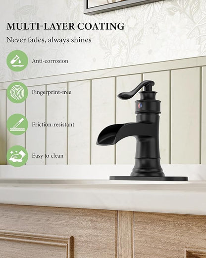 Black Bathroom Faucet Matte Waterfall Sink Farmhouse Vanity Single Hole | Faucets One Handle Basin Antique centerset with Pop Up Drain Stopper Mixer Tap Overflow Supply Line by Homevacious