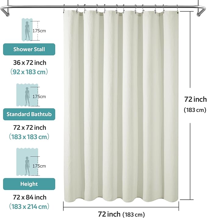 3 in 1 Shower Curtain Set, Waffle Shower Curtain and Liner Set with 12 Double Sided Shower Curtain Hooks, 258GSM Luxury Weighted Cloth Shower Curtains for Bathroom, 72 W x 72 H, Cream
