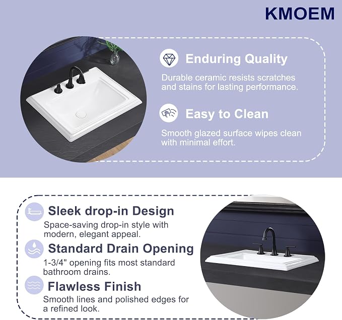 23"x18" Semi Recessed Bathroom Sink with 8-in Centerset Three 1.38" Faucet Hole Drop-in Vessel Sink White Porcelain Ceramic Modern Rectangular Sinks Basin Vanity Sinks with Overflow