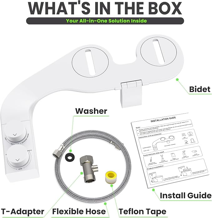 Toilet Bidet With Left/Right Side Reversible Design, Fresh Water, Non-Electric, Toilet Bidet Attachment, Right/Left Hand Side with Dual Nozzle, Self-Clean, Easy to Install (White Knob)