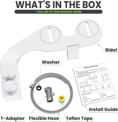 Toilet Bidet With Left/Right Side Reversible Design, Fresh Water, Non-Electric, Toilet Bidet Attachment, Right/Left Hand Side with Dual Nozzle, Self-Clean, Easy to Install (White Knob)