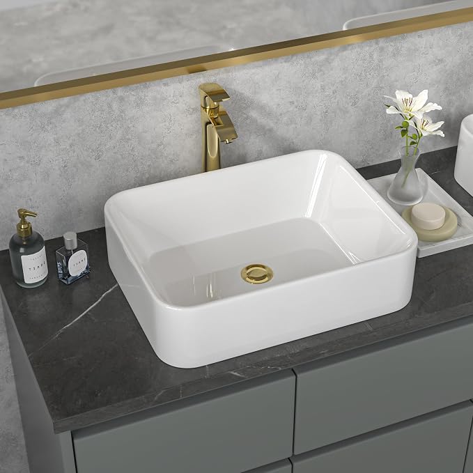 Sarlai Vessel Sink Rectangular - 19"x15" White Bathroom Sink Rectangle Above Counter Porcelain Ceramic Bathroom Vessel Vanity Sink Art Basin