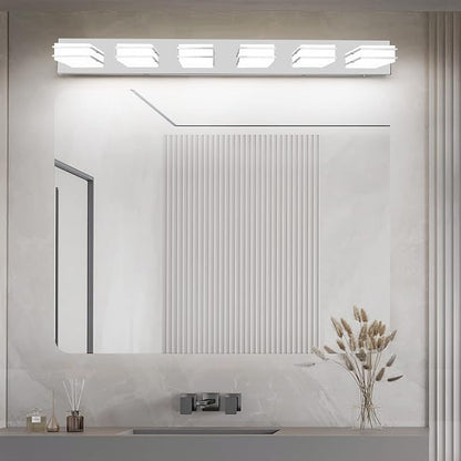 3 Color Temperature Dimmable Vanity Lights for Bathroom, LED Chrome 6 Light Vanity Lighting Fixtures, Acrylic Stainless Steel Square Shade Bathroom Light Fixtures over Mirror, ETL Certificated