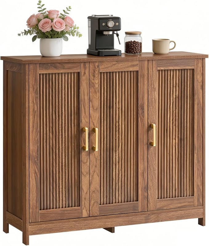 Wood Buffet Storage Cabinet, 3-Door Sideboard Credenza with Fluted Doors & Adjustable Shelves, Freestanding Coffee Bar Cabinet for Kitchen, Living Room, Walnut Brown
