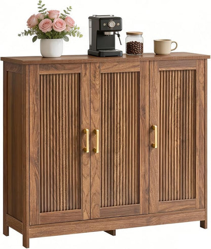 Wood Buffet Storage Cabinet, 3-Door Sideboard Credenza with Fluted Doors & Adjustable Shelves, Freestanding Coffee Bar Cabinet for Kitchen, Living Room, Walnut Brown