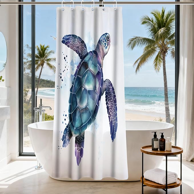 Funny Sea Turtle Shower Curtains Ocean Animal Cartoon Kids Theme Cloth Fabric Bathroom Decor Sets with Hooks Waterproof Washable 36W x 72H inches Teal Purple