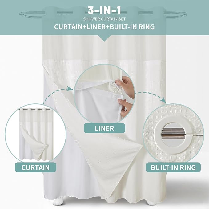 eachope No Hook Waffle Shower Curtain with Snap-in Liner, 71x74 Inch, Cream | 230 GSM waffle weave fabric, waterproof liner set with 2 bottom magnets, mesh top window, washable, for bathroom or hotel use