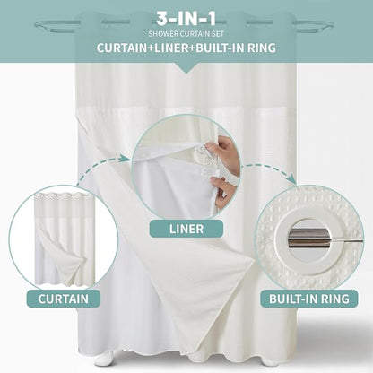 eachope No Hook Waffle Shower Curtain with Snap-in Liner, 71x74 Inch, Cream | 230 GSM waffle weave fabric, waterproof liner set with 2 bottom magnets, mesh top window, washable, for bathroom or hotel use