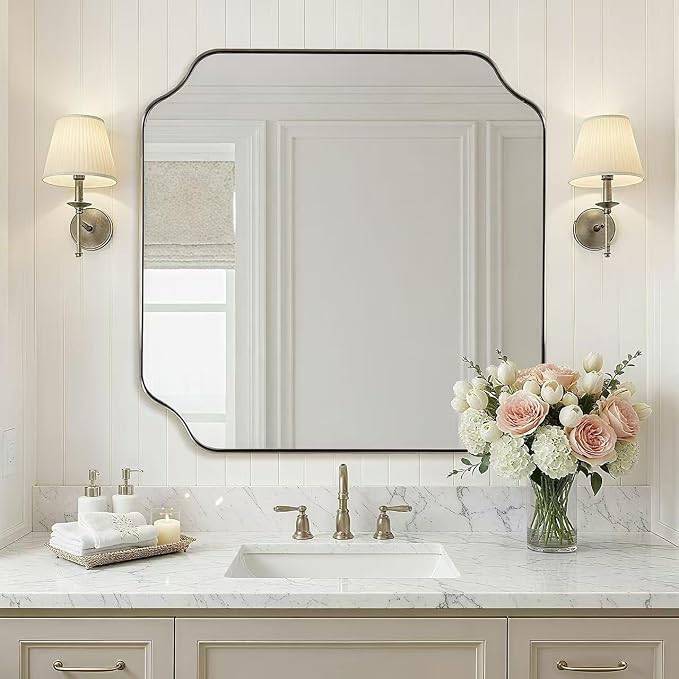 30"x30" Brushed Nickel Square Mirror, Silver Bathroom Mirror for Over Sink, Modern Scallop Mirror in Anti-Rust Stainless Steel Frame, Unique Notched Corner Design, Ideal for Home Remodel