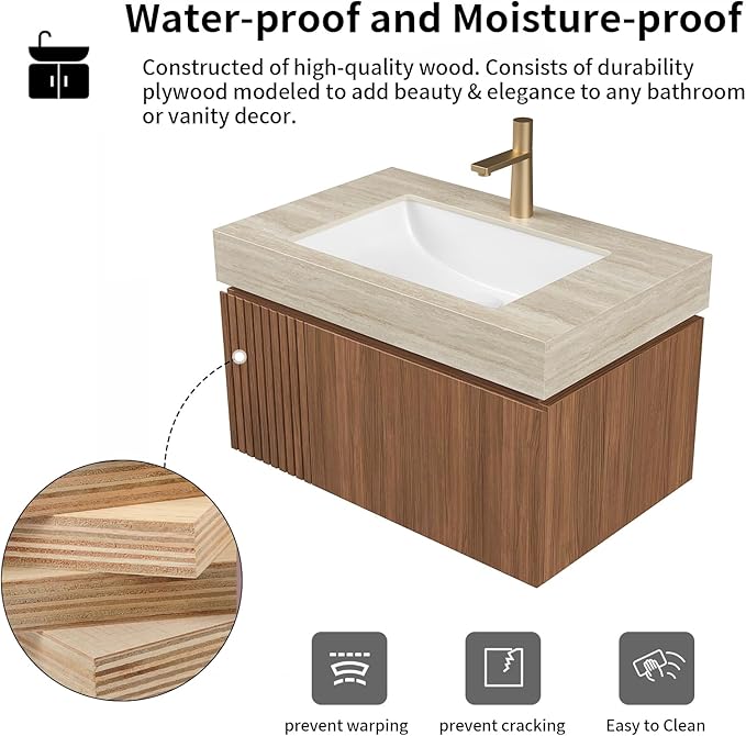 LKTART Floating 30 Inch Bathroom Vanity with Sink, Modern Plywood Wall Mounted Bathroom Storage Cabinet with 1 Door and 1 Drawer, Roma Travertine-Pattern Sintered Stone Countertop and Ceramic Basin
