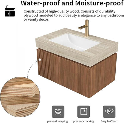 LKTART Floating 30 Inch Bathroom Vanity with Sink, Modern Plywood Wall Mounted Bathroom Storage Cabinet with 1 Door and 1 Drawer, Roma Travertine-Pattern Sintered Stone Countertop and Ceramic Basin