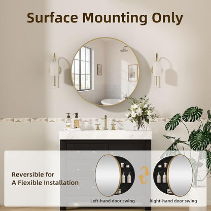 28 x 28 Inch Round Medicine Cabinet with Mirror,Gold Circular Bathroom Cabinet Wall Mounted,Metal Framed Mirror Medicine Cabinet with Adjustable Shelves for Bathroom Vanity