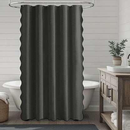 BTTN Stall Shower Curtain, 54'' Small Boho Scalloped Linen Textured Thick Fabric Shower Curtain Set with 10 Hooks, Neutral Modern Waterproof Cloth Shower Curtains for Bathroom, 54x78, Charcoal Grey