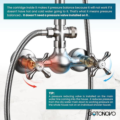 gotonovo Exposed Bathroom Shower Faucet Set Shower Fixture 8 Inch Rainfall Shower Head Handheld Shower Cross Handle Wall Mount 2 Functions Brushed Nickel