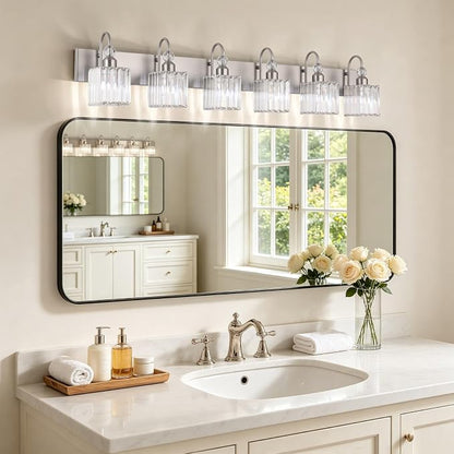 Ralbay Crystal Vanity Light for Bathroom Brushed Nickel Modern 6 Light Bathroom Lighting Fixtures Over Mirror