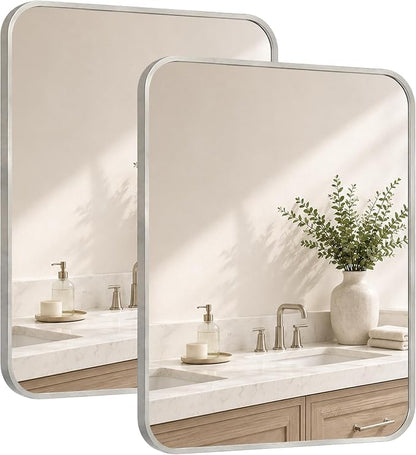2-Pack 24x30 Inch Brushed Nickel Rounded Rectangle Vanity Mirrors | Double Vanity or Two Bathrooms, Pair or Separate Use, Aluminum Frame, Slim Front Profile, Two-Way Mount
