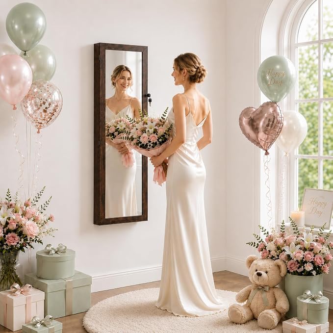Jewelry Armoire, 47.2" Tall Lockable Jewelry Organizers and Storage Cabinet with Full-Length Mirror, 6 LEDs Mirror Jewelry Cabinet, Wall or Door Mounted Jewelry Storage for Women Bedroom, Gift Idea