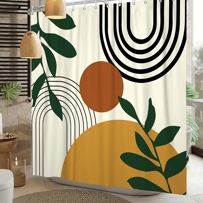 Abstract Boho Mid Century Shower Curtains for Bathroom Geometric Leaves Moon Phase Beige Modern Minimalistic Plant Fabric Waterproof Bathroom Curtain Decor Set with 12 Hooks 72x72 Inch
