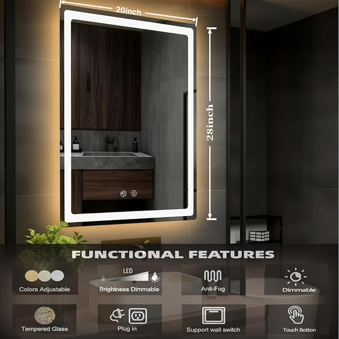 LTFUUAI 20"X28" LED Bathroom Mirror with Lights, Front & Back Light | Lighted Bathroom Mirror, Touch 3-Color Stepless Dimming, Wall Mounted, Anti-Fog Shatterproof, UL Listed