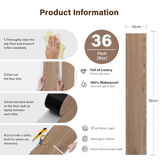INMOZATA 36 Pack Peel and Stick Floor Tile Waterproof Vinyl Plank Flooring | 54 Sq.Ft, Heat-resistant, Wood Grain Self Adhesive Flooring for DIY Bedroom Living Room Bathroom Kitchen (Smoke Oak)