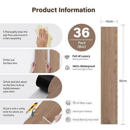 INMOZATA 36 Pack Peel and Stick Floor Tile Waterproof Vinyl Plank Flooring | 54 Sq.Ft, Heat-resistant, Wood Grain Self Adhesive Flooring for DIY Bedroom Living Room Bathroom Kitchen (Smoke Oak)