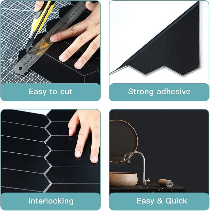 Black Peel and Stick Picket Backsplash Tile, Ceramic Look Long Hexagon Self Adhesive Stick on Wall Tiles for Kitchen Bathroom, Pack of 6