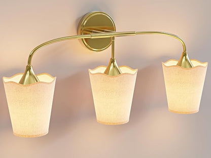 Morauroral Bathroom Light Fixtures, 3 Light Gold Vanity Light for Bathroom, Modern Sconce Wall Light with Scalloped Linen Fabric Shade, Rustic Vanity Light Fixtures for Mirror, Living Room(ETL Listed)