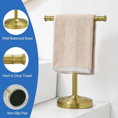 RUMOSE Brushed Gold Hand Towel Holder Stand Countertop Towel Rack | 13 Inch Bathroom Kitchen Vanity T-Shape Towel Stand Free Standing Stainless Steel Towel Bar Towel Ring
