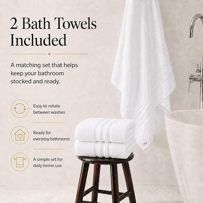 Velqora Bath Towels 2 Pack, 30x60 in, 100% Cotton, Soft & Absorbent, White | Balanced Weight | Everyday Comfort | Easy Care