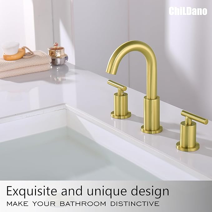 Brushed Gold Bathroom Faucet, 8 inch Widespread Bathroom Sink Faucet 3 Hole with Drain and Hose, Gold Bathroom Faucet CH2183BG