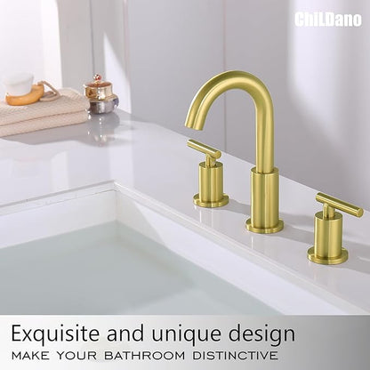 Brushed Gold Bathroom Faucet, 8 inch Widespread Bathroom Sink Faucet 3 Hole with Drain and Hose, Gold Bathroom Faucet CH2183BG