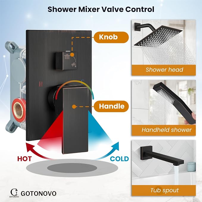 gotonovo Bathtub Shower Faucet Set, 8 Inch Shower Head, Oil Rubbed Bronze | Wall Mounted Shower System with Tub Spout for Bathroom, Square High Pressure Rain Shower head with Handheld Spray, All Metal
