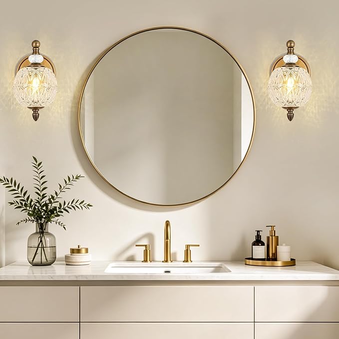 1 Piece Vintage Wall Sconce, 1-Light Mid Century Matte Antique Brass Finish Wall Sconce with Globe Glass Shade, Retro Light for Bathroom, Bedroom, Living Room,Powder Room