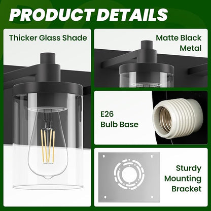 Bathroom Vanity Light, 3 Light Matte Black Vanity Light Fixture with Clear Glass Shade, 22 in Modern＆Farmhous Vanity Lights, Bathroom Light Fixtures Over Mirror for Bathrooms, Livingroom