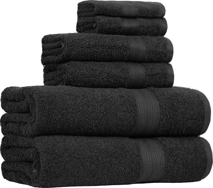 Amazon Basics 6-Piece Highly Absorbent Fade-Resistant Towel Set, 100% Cotton Towels for Bathroom, Soft, 2 Bath Towels, 2 Hand Towels, 2 Washcloths, Black