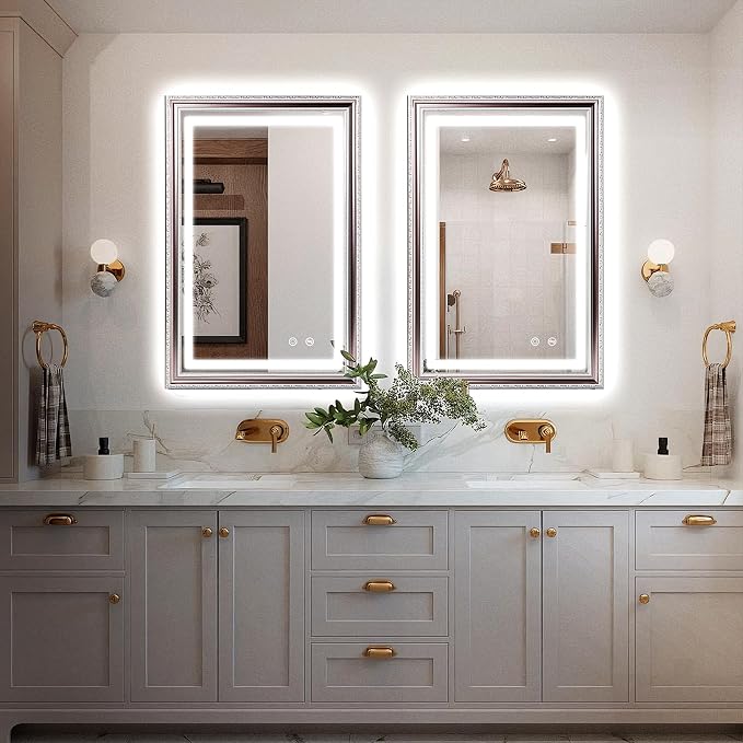 ROLOVE 23x35 Inch Bathroom Mirror with Lights, Brushed Rose Gold Frame, Anti-Fog LED Vanity Mirror for Wall, Plug-in/Hardwired, Dimmable, Tempered Glass,Wall Mirrors Decorative (Champagne Pink Hue)