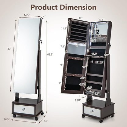 GOFLAME Standing Jewelry Cabinet Armoire with Wheels, Lockable Jewelry Storage Organizer with Full Length Mirror, 3-Color LED Lights, Interior Makeup Mirror, Jewelry Armoire for Bedroom (Brown)
