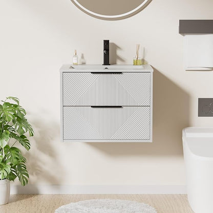 LUCKWIND 24" Floating Bathroom Vanity with Sink Combo, Wall Mounted Floating Cabinet with 2 Large Soft-Close Drawers & Water Saving Faucet, Geometric Textured Design in White