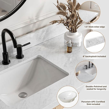 Isabella 48-Inch Bathroom Vanity with Sink — White Single Sink Bathroom Vanity, 1.5" Edge Italian Carrara Marble Top, Solid Wood, 2 Soft-Close Doors, 8 Dovetail Drawers + Tilt Drawer