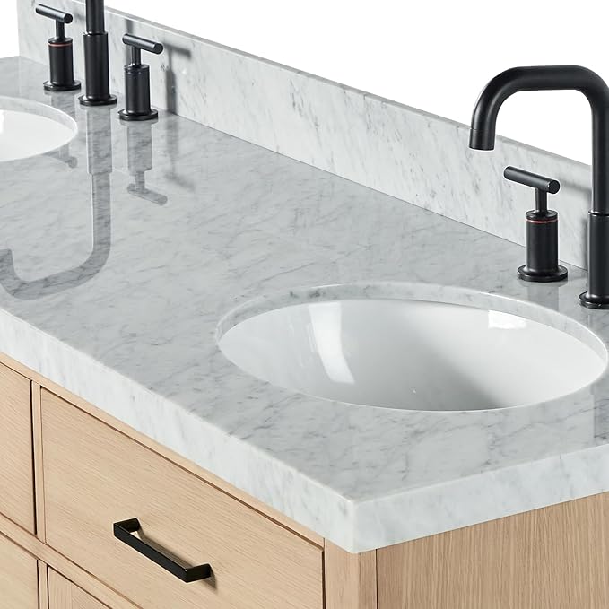 ARIEL Hepburn 66-inch Bathroom Vanity with Sink,Solid Wood, 1.5-inch Italian Carrara Marble Countertop & Backsplash, Double Oval Porcelain Sink, 4 Soft Closing Doors, 6 Dovetail Drawers, White Oak