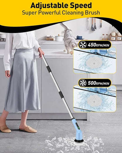 Electric Spin Scrubber for Bathroom, Shower Scrubber with Long Handle | Shower Cleaner Brushes, IPX7 Waterproof & 2 Speed, 3 Brush Heads, 90min Runtime, Bathroom Cleaning Supplies for Toilet Tub