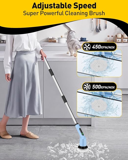 Electric Spin Scrubber for Bathroom, Shower Scrubber with Long Handle | Shower Cleaner Brushes, IPX7 Waterproof & 2 Speed, 8 Brush Heads, 90min Runtime, Bathroom Cleaning Supplies for Toilet Tub