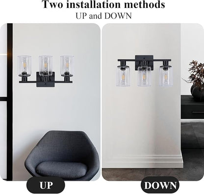 Matte Black Bathroom Light Fixtures Over Mirror,3-Light Bathroom Vanity Light with Clear Glass Shade,Modern Farmhouse Wall Sconces Lighting for Mirror Kitchen Living Room Cabinet