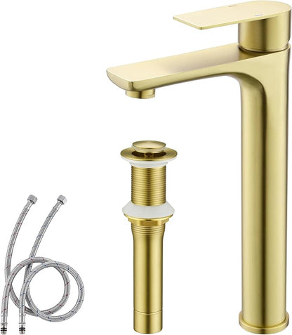TONNY Single Handle Gold Bathroom Sink Faucet | Tall Vanity Faucet with Deck Plate for 1 or 3 Holes, Stainless Steel, with Pop Up Drain for Vessel Sink Laundry Lavatory RV