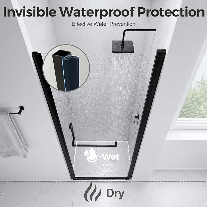 32-33.2" W x 72" H Single Frameless Pivot Swing Shower Door | 1/4" Clear SGCC Tempered Glass with a 28.1" walk-in opening, Matte Black Finish, Adjustable Width, Reversible Installation