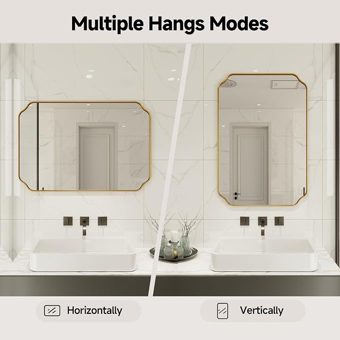 32"x24" Gold Wall Bathroom Mirror, Scalloped Edge Vanity Mirror | Hangs Vertically/Horizontally, Wooden Frame Decorative Mirror, For Vanity, Bedroom & Entryway, Aesthetic Bathroom Decor