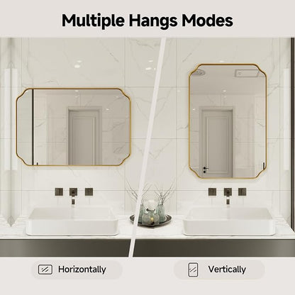 32"x24" Gold Wall Bathroom Mirror, Scalloped Edge Vanity Mirror | Hangs Vertically/Horizontally, Wooden Frame Decorative Mirror, For Vanity, Bedroom & Entryway, Aesthetic Bathroom Decor
