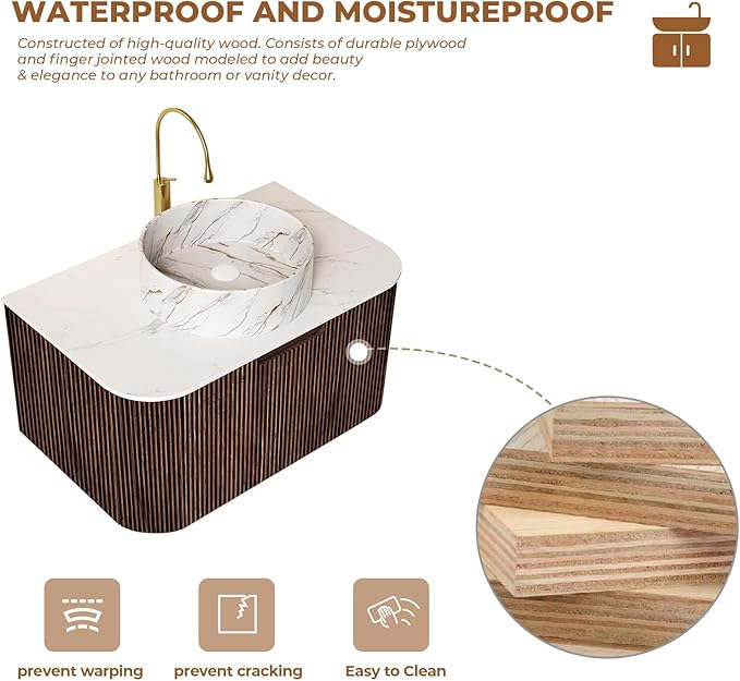 LKTART 30 Inch Floating Bathroom Vanity with Sink, Modern Wall Mounted Bathroom Storage Cabinet with Drawer, Stone Pattern Round White Ceramic Sink Top and Marble Texture Top, Walnut